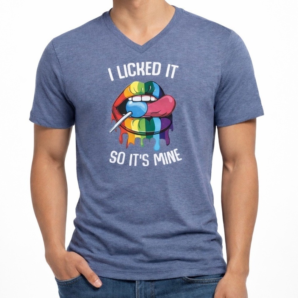 Graphic Tee I Licked It So Its Mine Rainbow Lips V Neck T Shirt Blue Size S - Picture 2 of 6